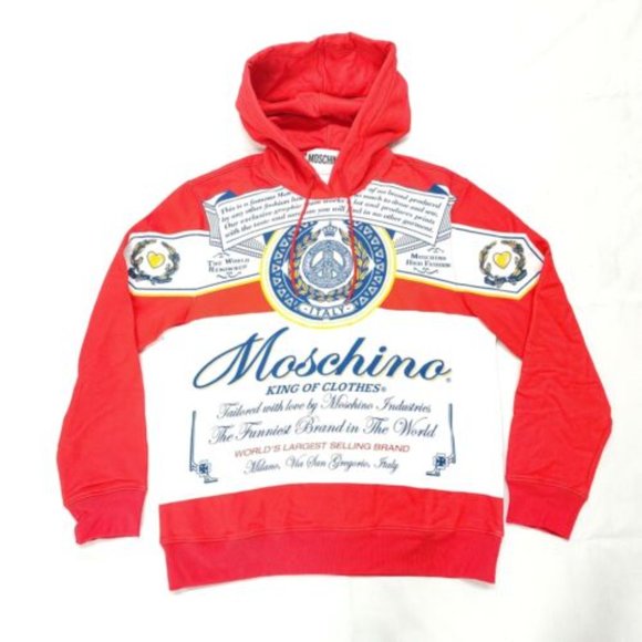Moschino Budweiser Print Cotton Hooded Sweatshirt | Red | NEW US 2 - Picture 2 of 6